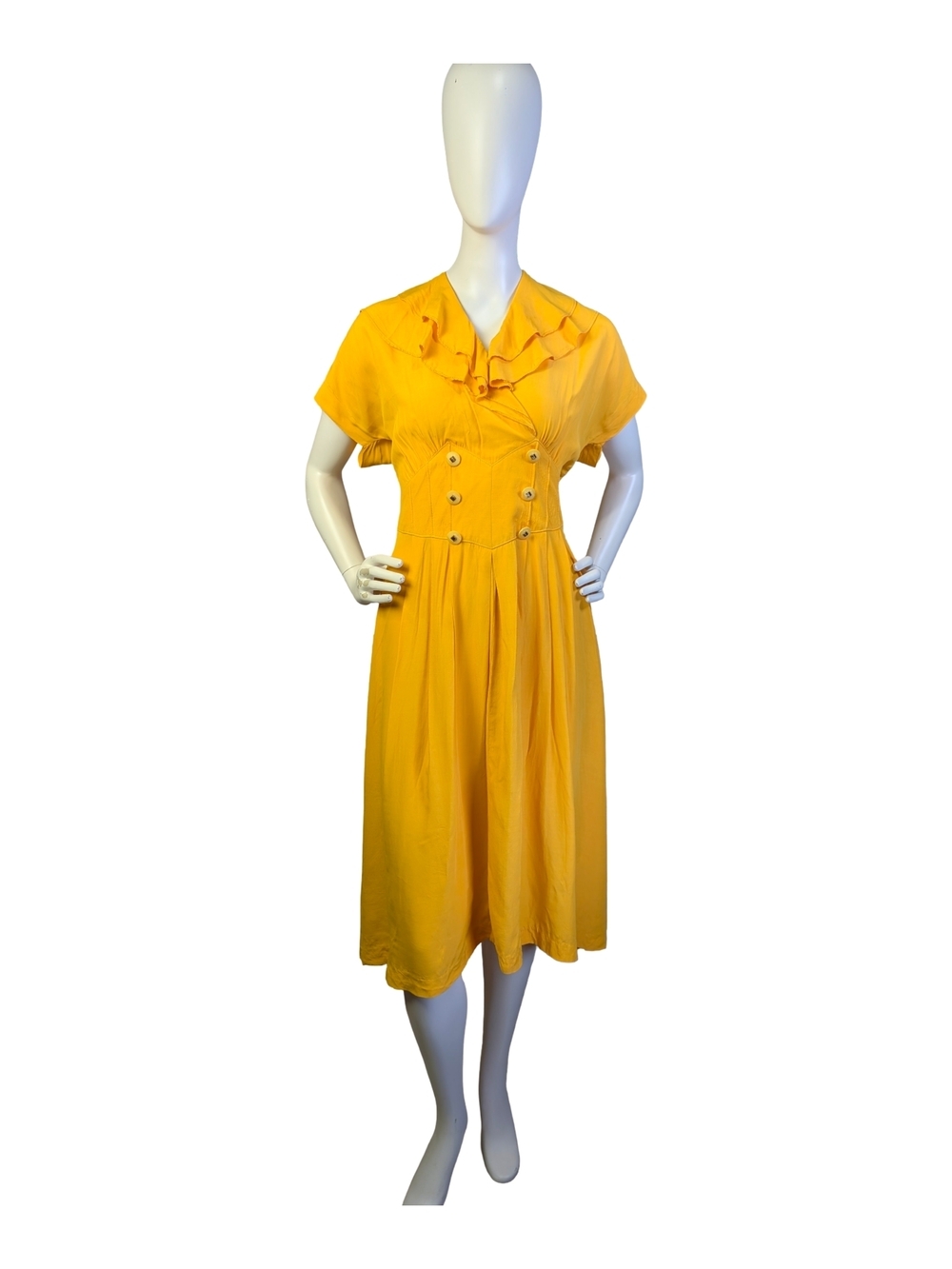 Vintage 80s Yellow Rayon Midi Dress Ruffle Neck Double Breasted Fits M/L
